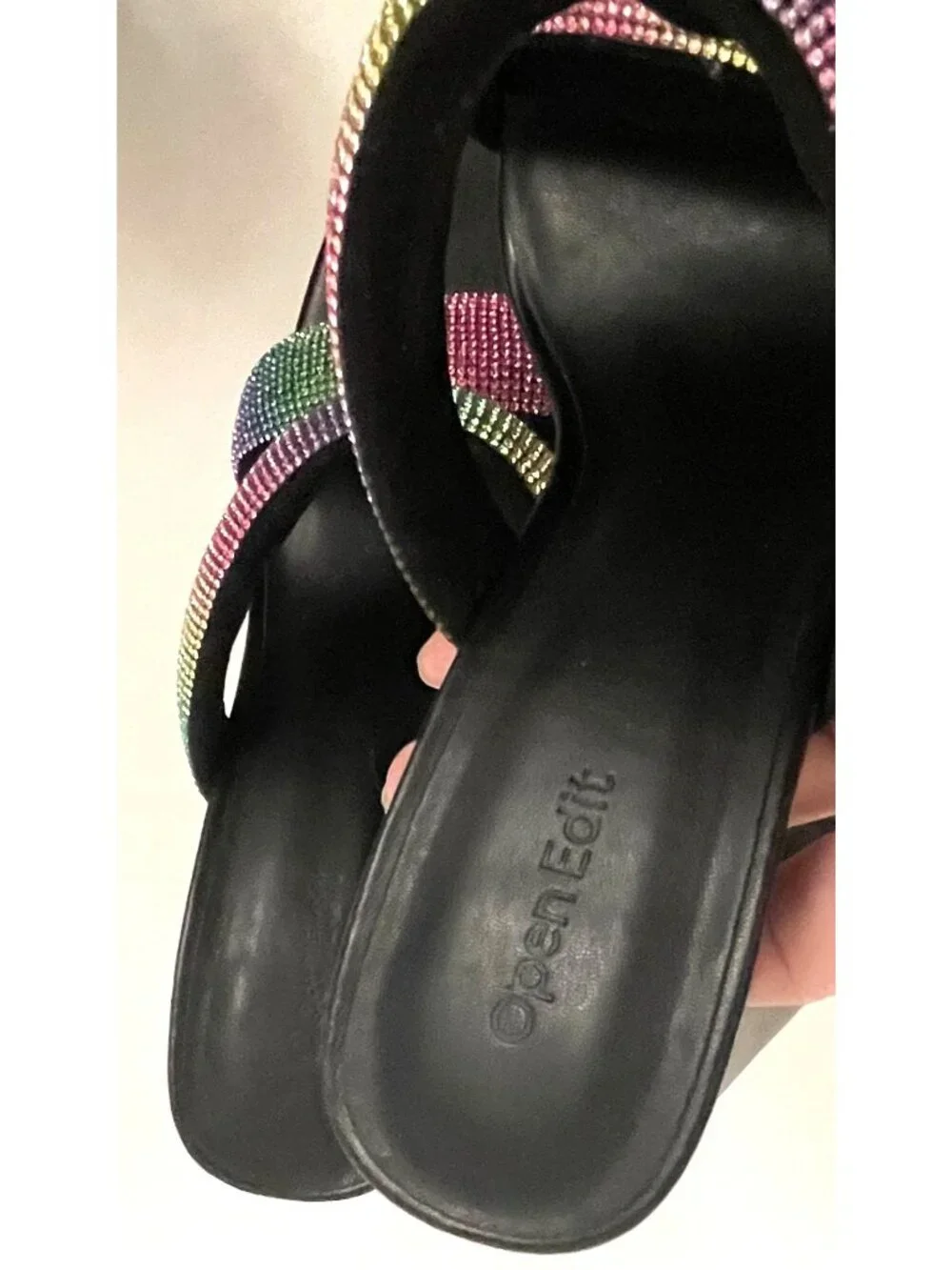 Open Edit Sasha Women‎ 9.5 Black Rainbow Rhinestone Sandal Chunky Flared Heels